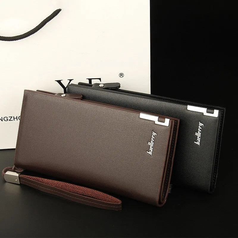 Men's long black PU leather wallet with a full-length silver zipper closure.
