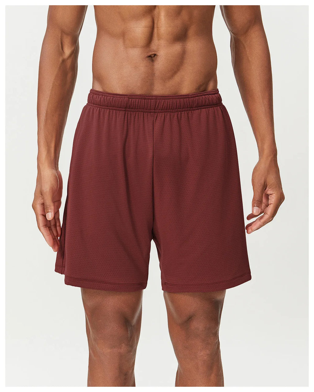 Men's double-layer running shorts in sky green, showing mid-waist fit and shorts length.