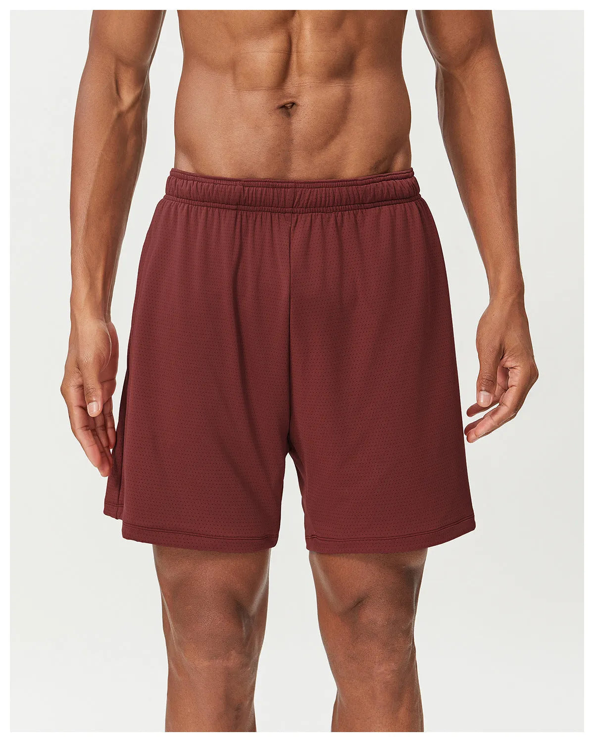 Men's double-layer running shorts in sky green, showing mid-waist fit and shorts length.