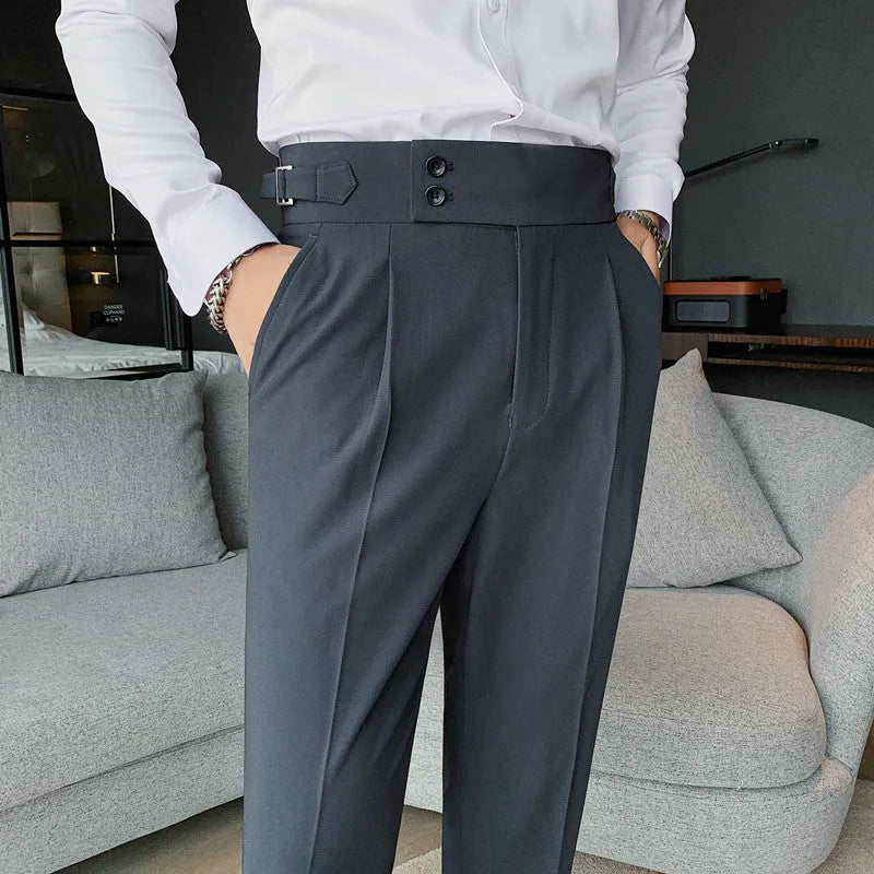 Straight leg casual trousers in solid colours on a hanger.
