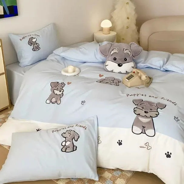 Cute cartoon Schnauzer thickened cotton bedding set with embroidered duvet cover and sheet on a bed.