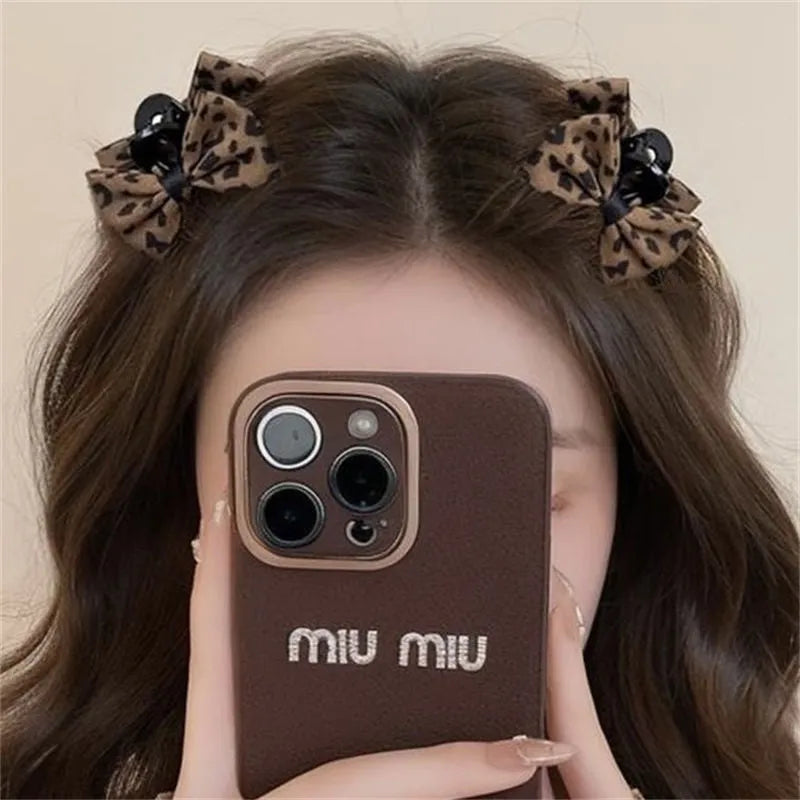 Plastic leopard bow barrettes with Seiko treatment four style options black suede bow brown leopard pattern coffee double beads dark coffee triangle