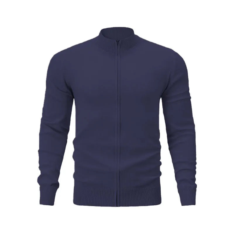 Men's grey cotton zip-up sports sweater with a stand collar shown in a loose fit