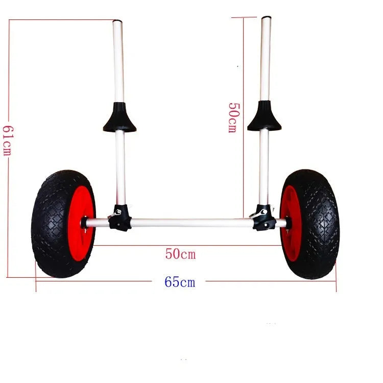 Foldable kayak beach trailer with aluminium frame and rubberised cradle for open kayak transport