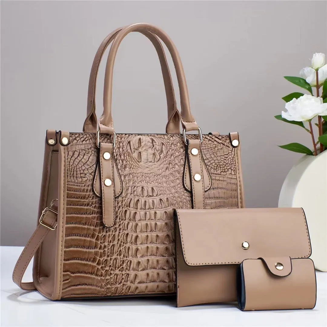 PU leather three-piece organiser set with crossbody bag, wallet, and card holder in contrasting colours