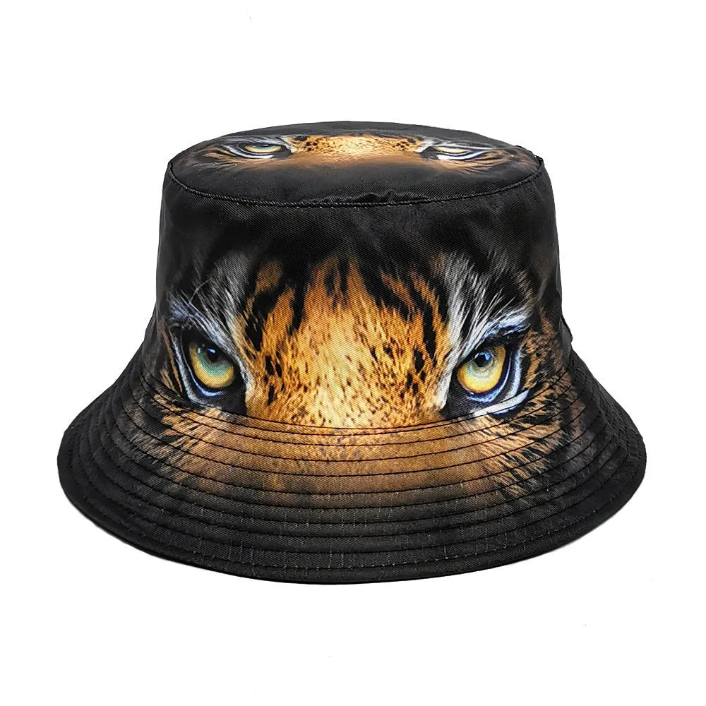 Tiger pattern polyester bucket hat with dome crown in khaki or black colour
