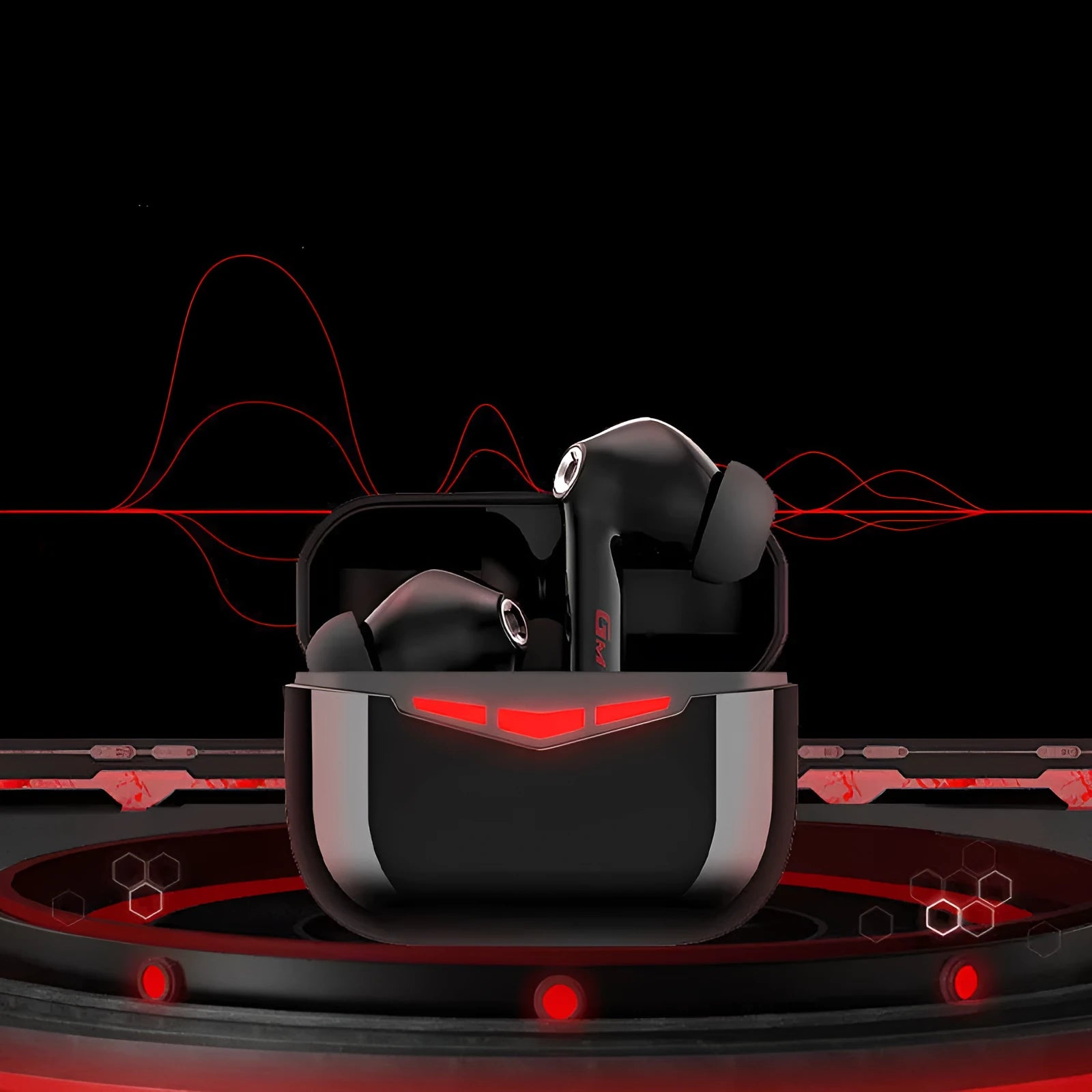 True wireless gaming Bluetooth headset earbuds in charging case with silicone ear tips.