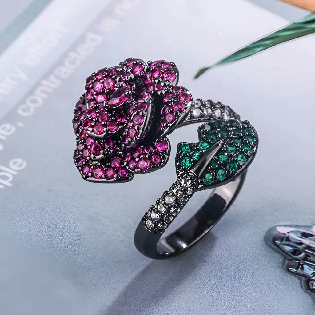 Black gold geometric flower ring with red simulation corundum stones