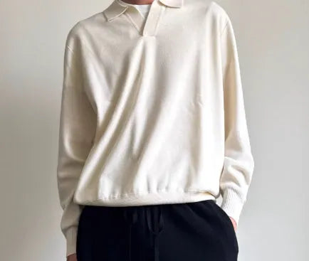 Men's pure wool polo sweater with lapel collar in loose fit, shown in milky white and navy blue colours