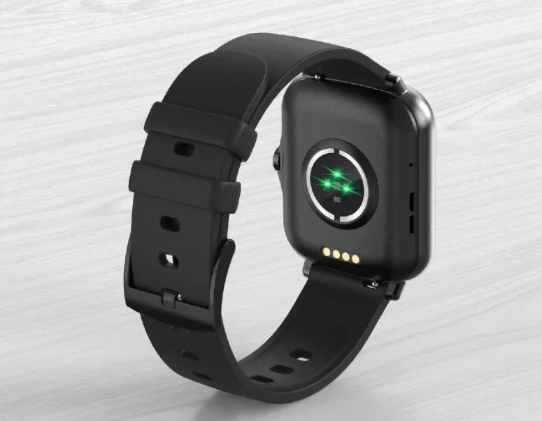 Blue smart watch with 1.7-inch colour touch screen on a wrist, showing fitness data.