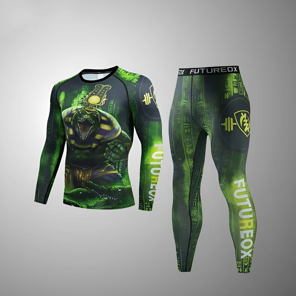 Man wearing a slim-fit, long-sleeve printed sport suit for running or gym training.