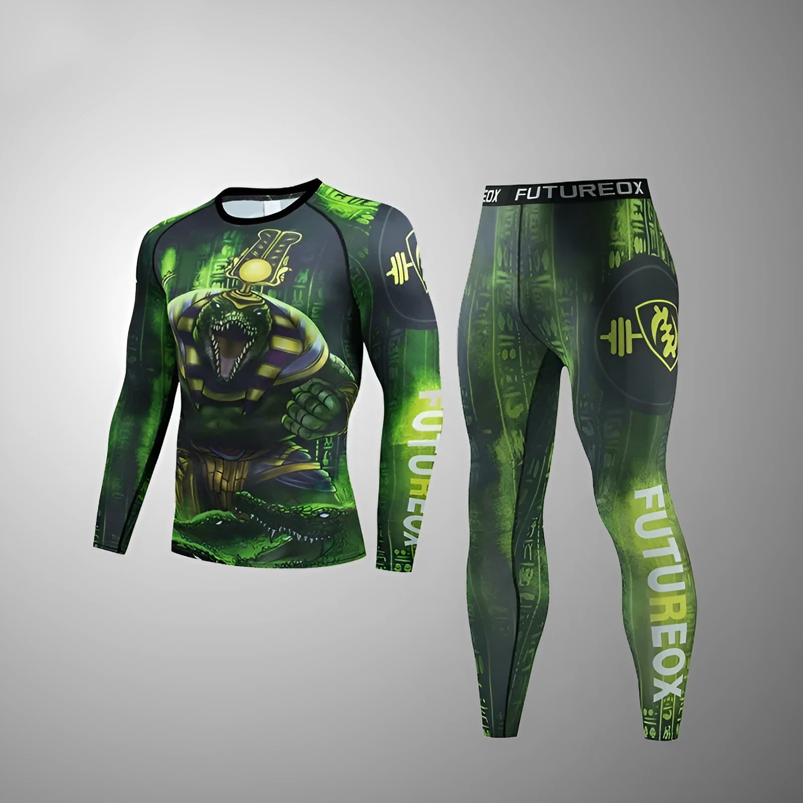 Man wearing a slim-fit, long-sleeve printed sport suit for running or gym training.