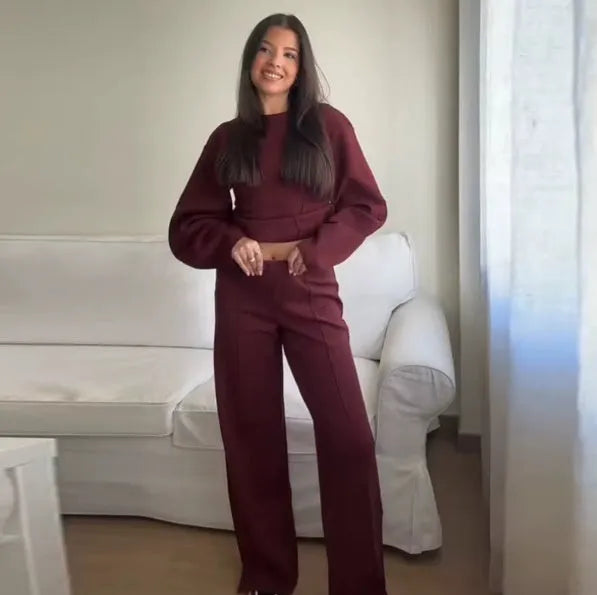 Women's polar fleece suit set with pleated top and wide leg trousers in black, apricot, grey or wine red