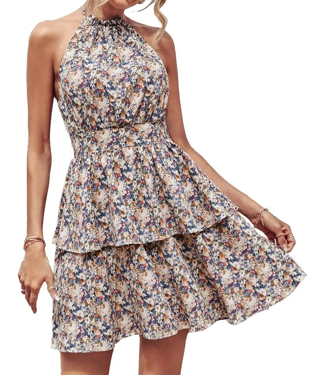 Women's summer halter dress with backless boho design and A-line ruffle detailing in printed polyester
