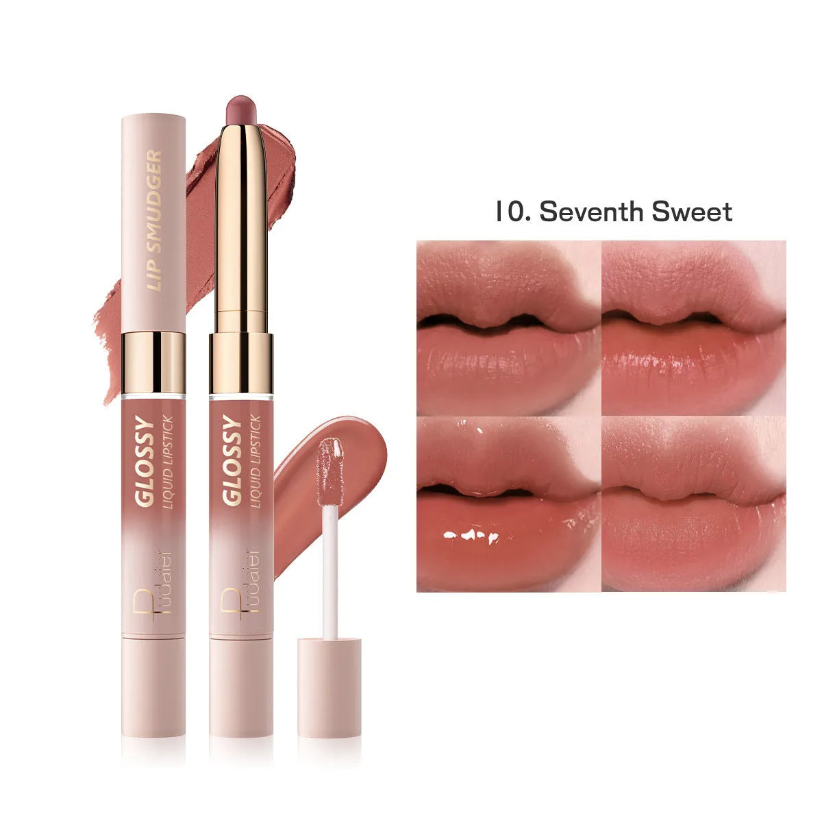 Double-headed lipstick lip gloss with matte finish showing 10 different colour options numbered 01 through 10