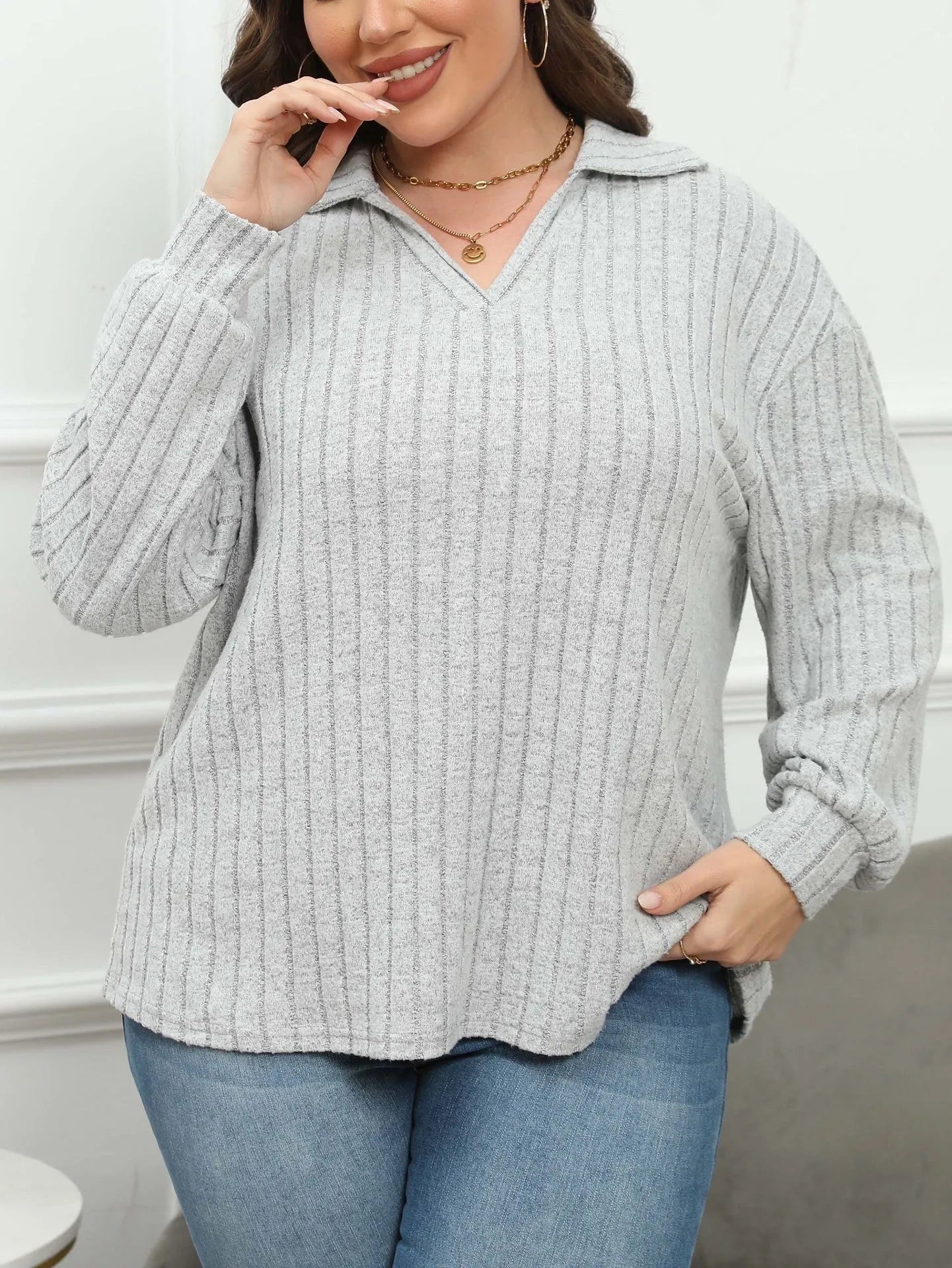 Women's plus size polo collar Gothic shirt with lantern sleeves in melange gray polar fleece