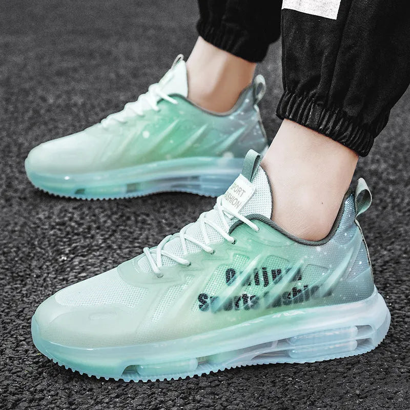 Men's black green heightened platform casual shoes with mesh upper and rubber sole.