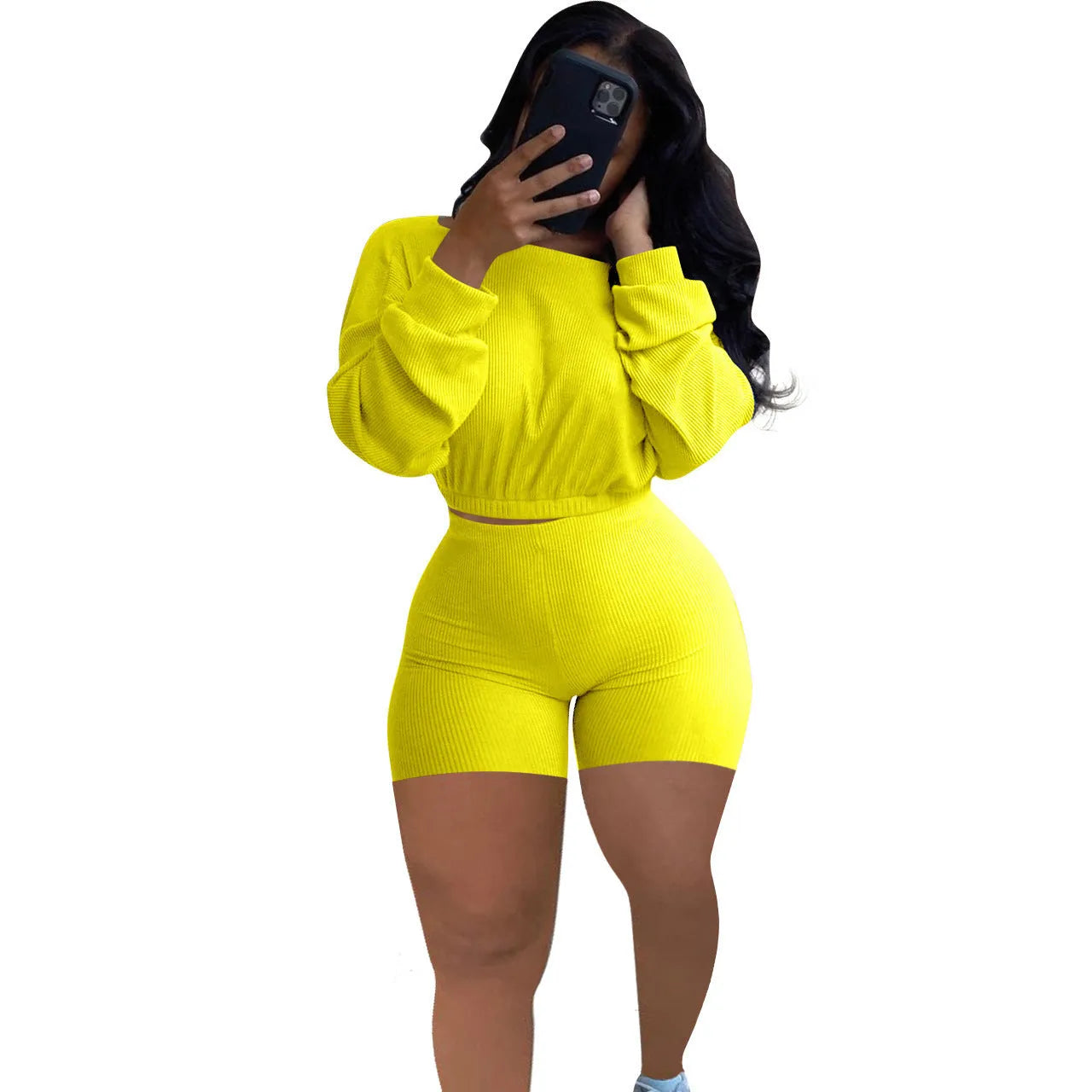 Women's off-the-shoulder two-piece set with sunken stripe pattern in solid colour with long sleeves and shorts