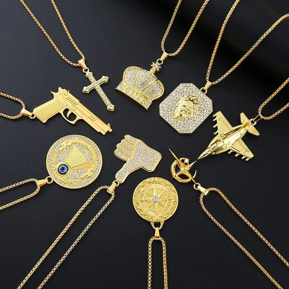 Gold colour geometric alloy necklace with an inlaid zircon stone pendant