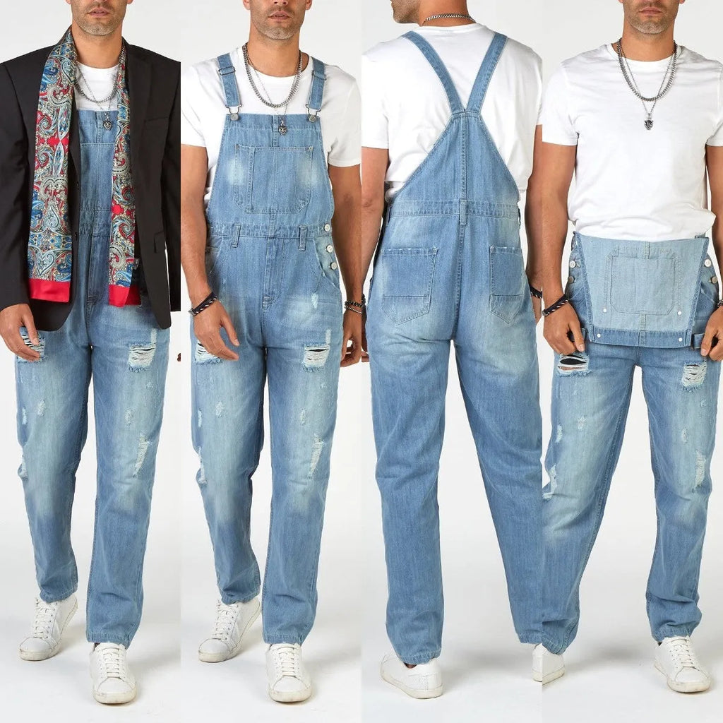 Light blue men's ripped suspender jeans with high waist and straight legs showing button fly and adjustable braces