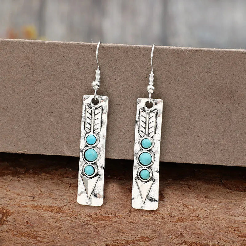 Retro silver alloy dangle earrings with long strip geometric shape and turquoise inlay