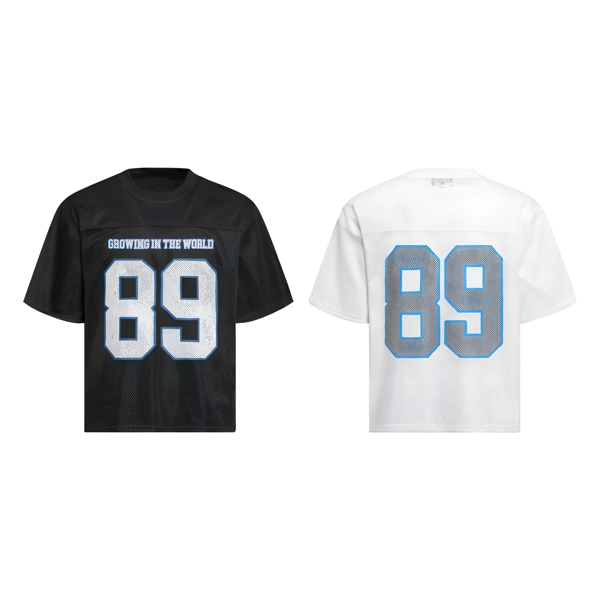 Men's loose-fitting black and white casual t-shirt with short sleeves, shown in medium, large, and extra-large Asian sizes
