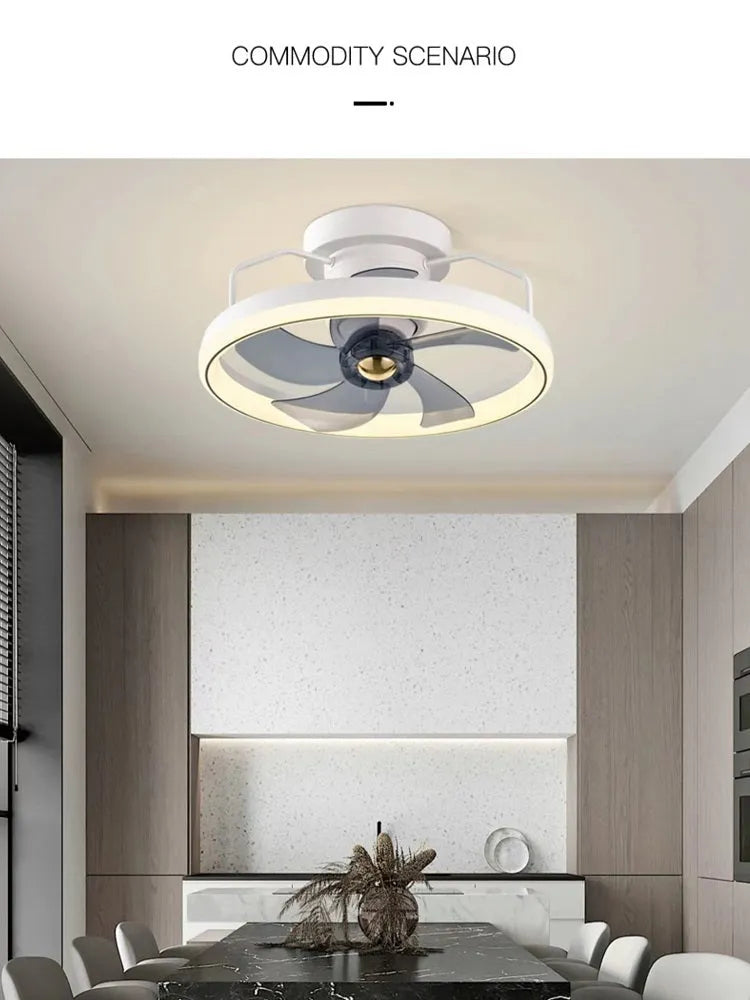 Modern white ceiling fan with integrated light and five PC blades, shown in a bedroom setting.