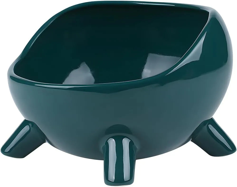 Green ceramic pet food bowl with four-legged base and rounded arc design