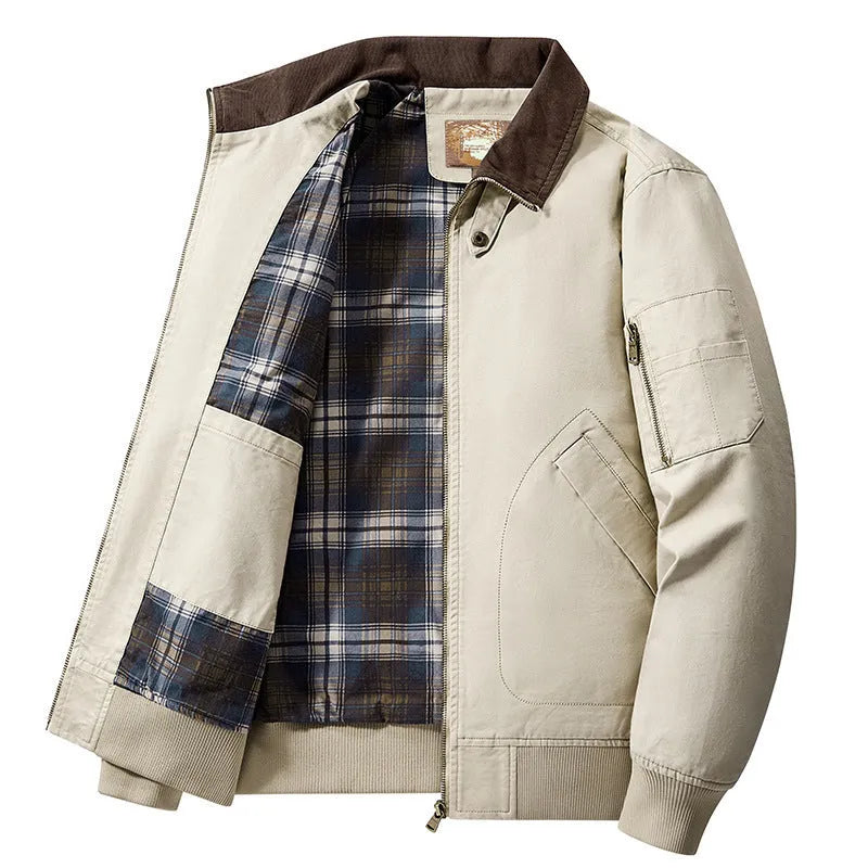 Men's washed cotton baseball flight jacket in Army Green colour on a hanger