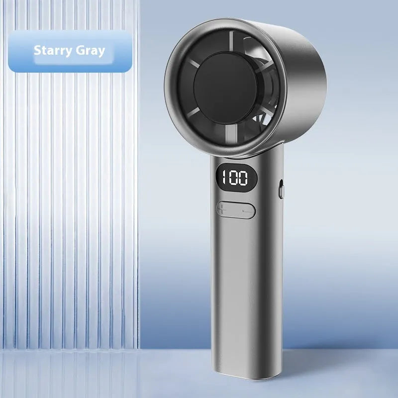Handheld fan showing variable speed control, USB charging port, and green colour option