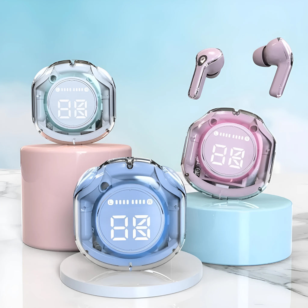 Transparent warehouse wireless Bluetooth in-ear headset shown in multiple colours.