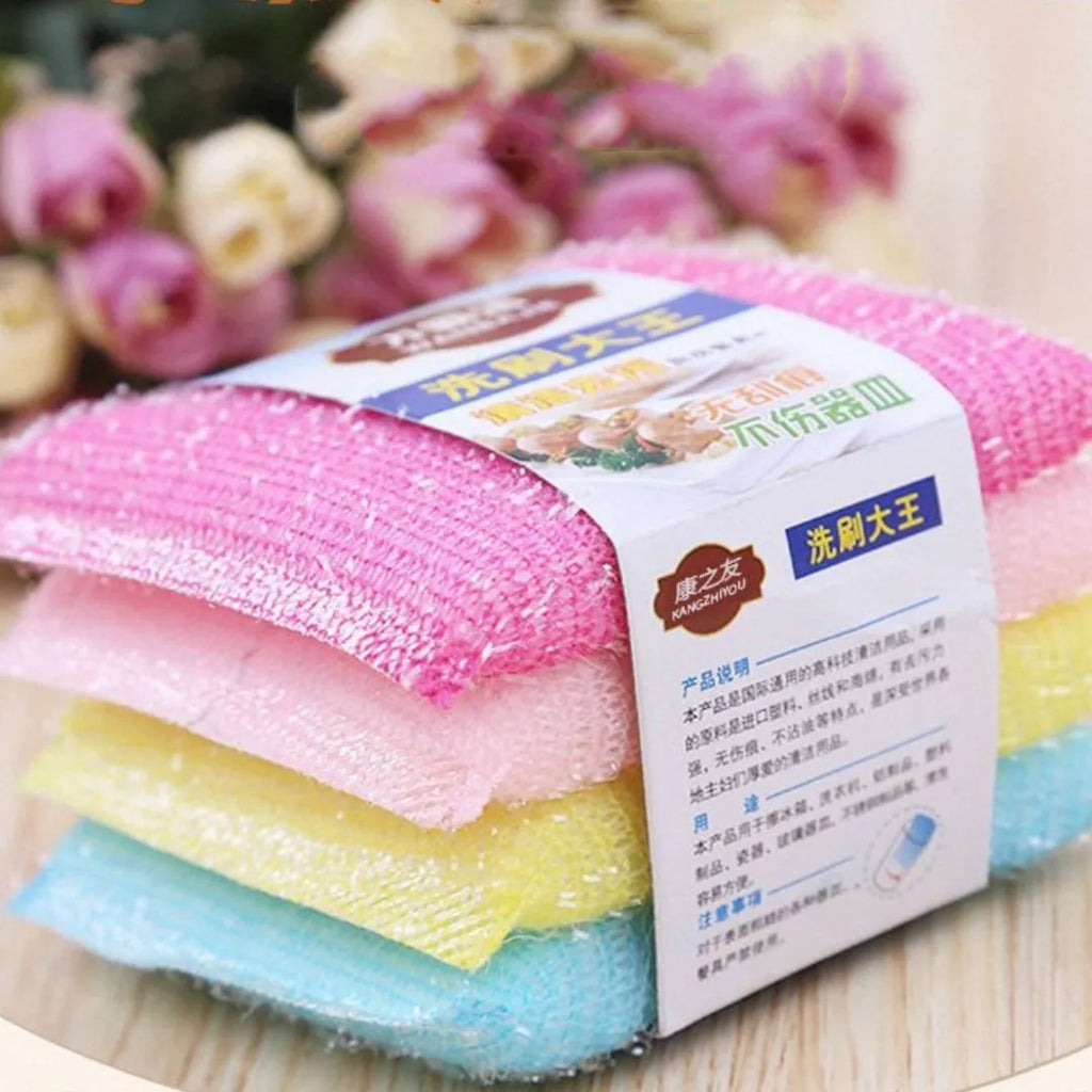 Pinstripe fabric dishwashing spong mop in macaron colours showing sponge, plastic, and silk thread construction.
