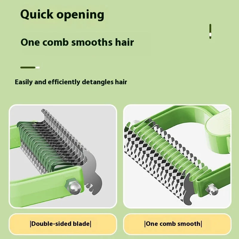 Green and grey dog hair unknotting comb with stainless steel teeth on a plastic handle.