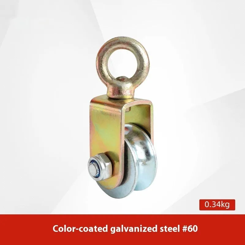 Red forged steel lifting pulley with a ring hook and safety latch for industrial general lifting applications.