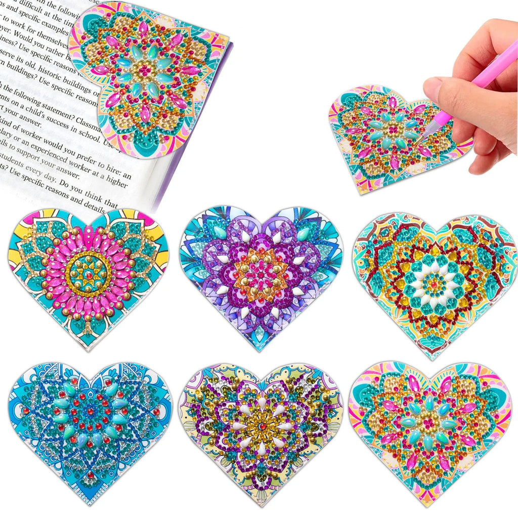 PU leather handmade bookmark set with crystal flower decorations, six pieces shown