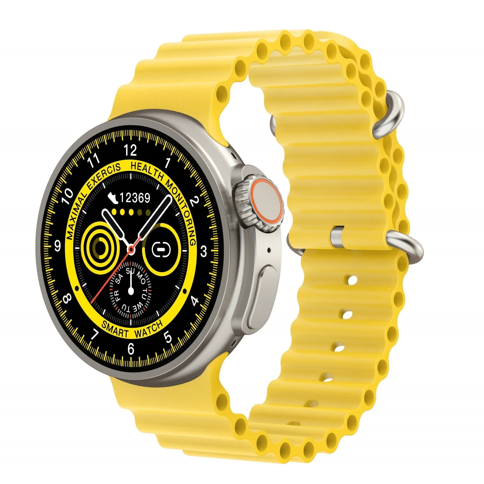 K9 smart watch with black silicone strap and round screen showing health metrics interface
