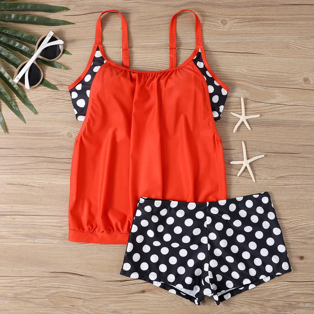 Women's split printed polka dot boxer swimsuit briefs in high-waist conservative style