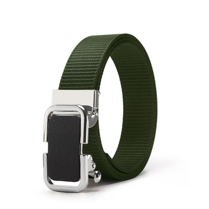 Men's nylon canvas belt with an alloy buckle shown in army green colour.