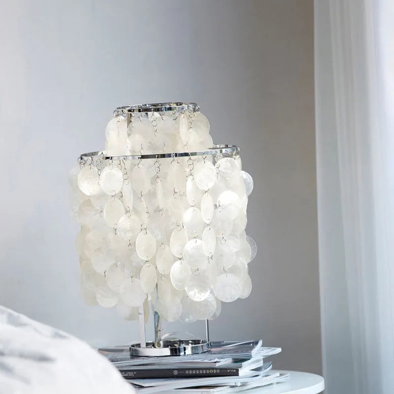 Modern shell bedside table lamp in chrome or gold finish with 30cm diameter base
