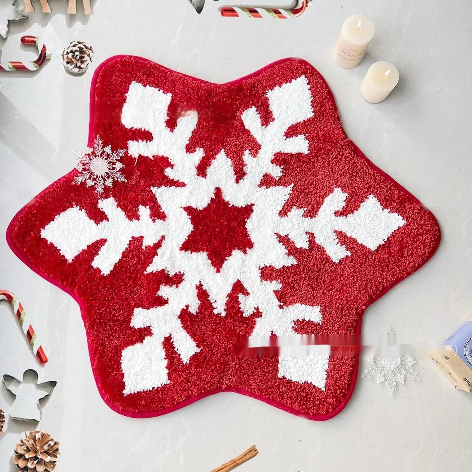 Christmas round pad polyester carpet mat in festive printed design on floor.