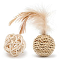 Two cat toys: rattan ball and faux feather ball with bell for kitten play