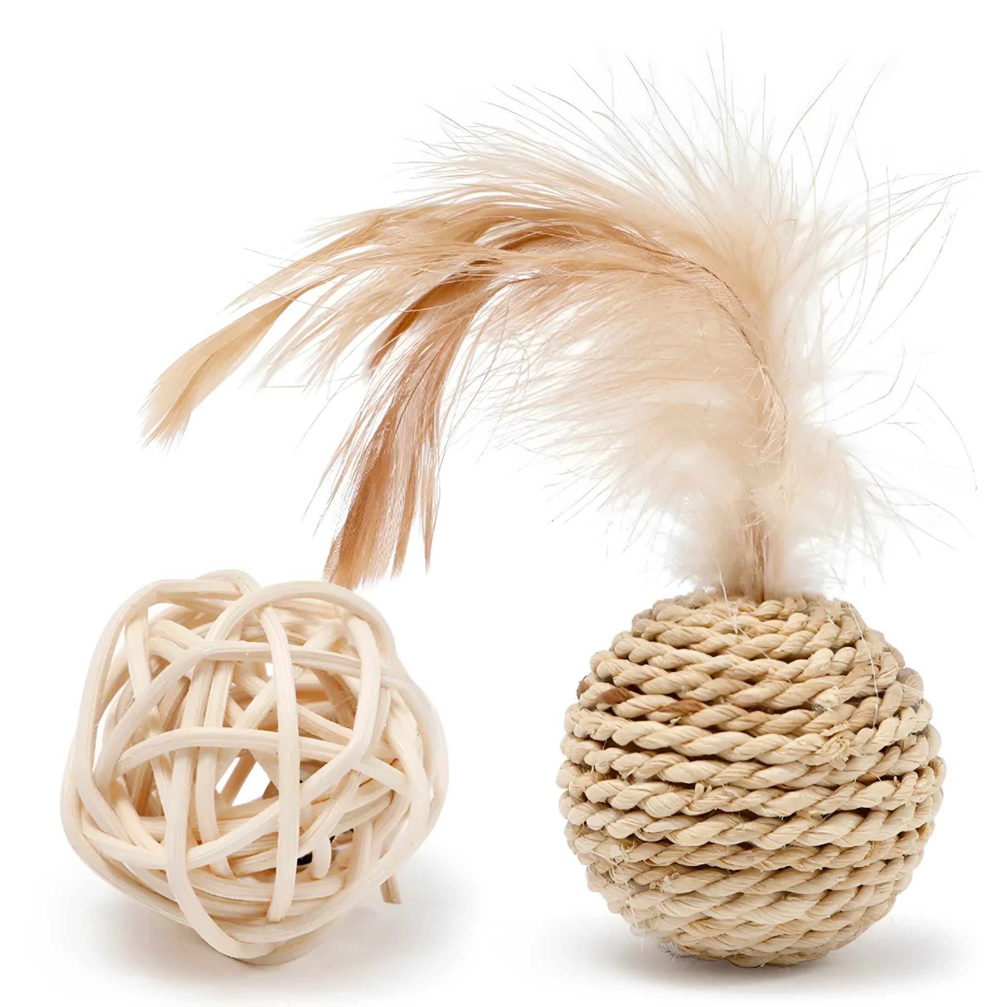 Two cat toys: rattan ball and faux feather ball with bell for kitten play