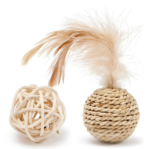 Two cat toys: rattan ball and faux feather ball with bell for kitten play