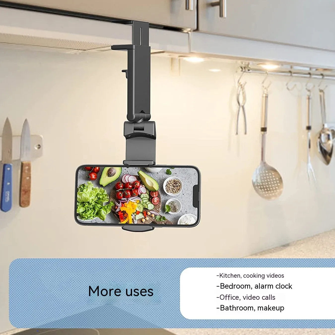 Foldable rotating universal phone holder in black, gray, or green colours on a flat surface