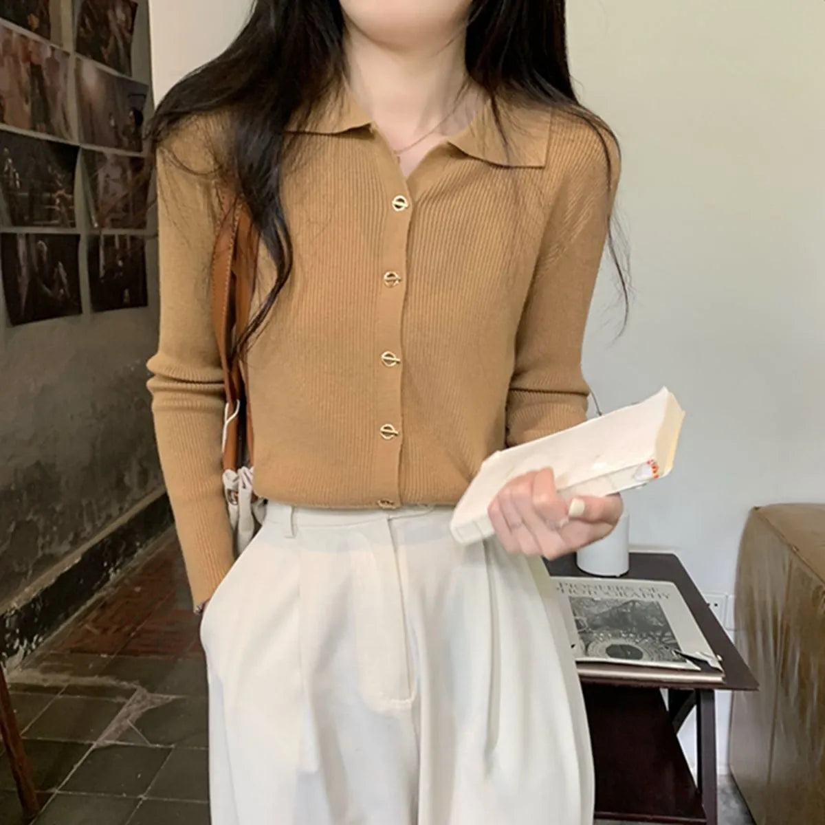 Women's loose fit viscose fibre knitted cardigan in beige colour with long sleeves