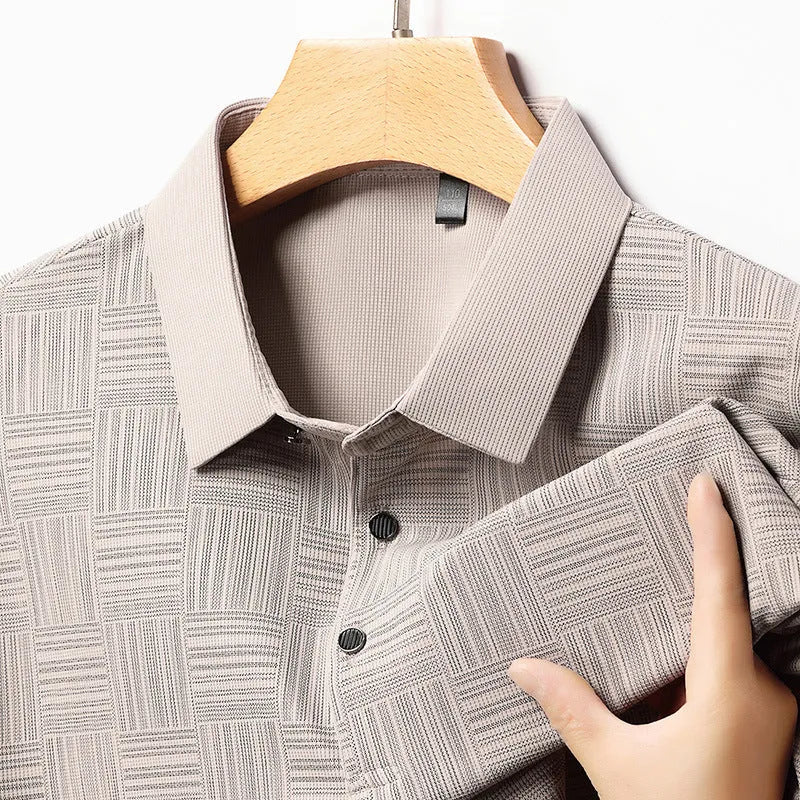 Men's lapel neck slim fit t-shirt in green, showing the casual collar design and lightweight fabric.