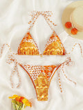 Women's green split bikini swimsuit with bandage stitching detail and polyester construction