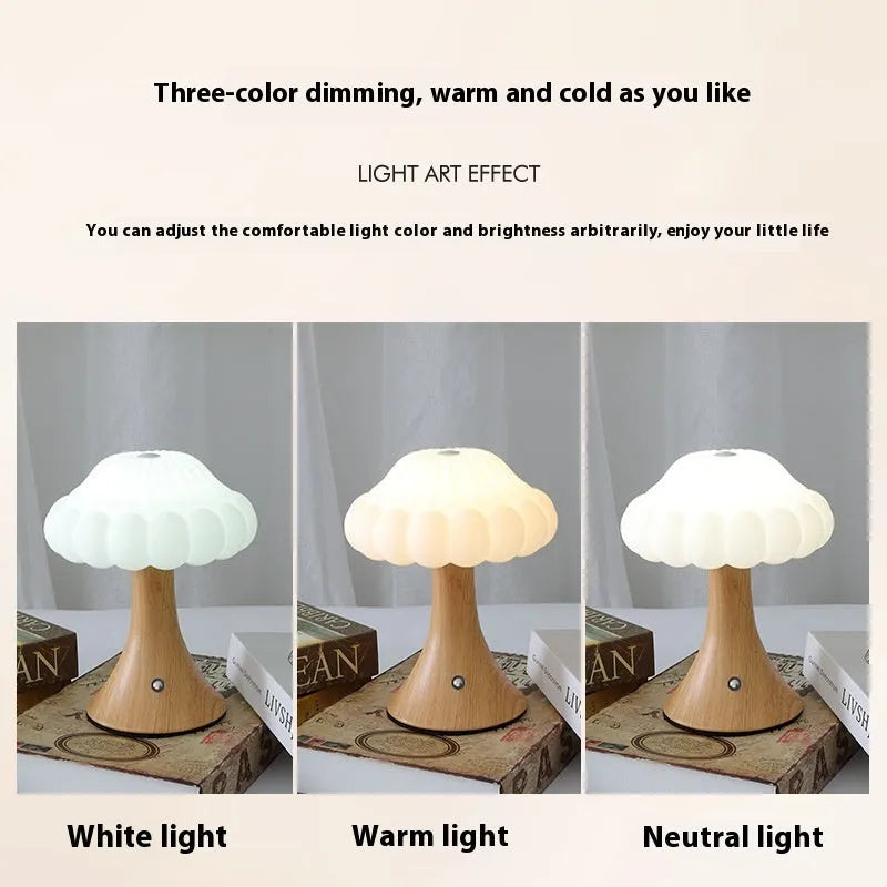 Mushroom-shaped night light with USB charging port and touch controls in five colour options