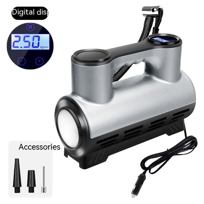 12V portable car air pump with digital display, ABS housing, and air nozzles for tire inflation