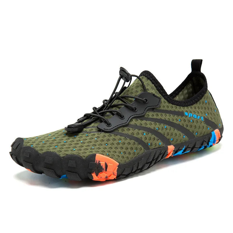 Couple outdoor fitness shoes in army green with mesh upper and rubber sole for beach swimming and hiking